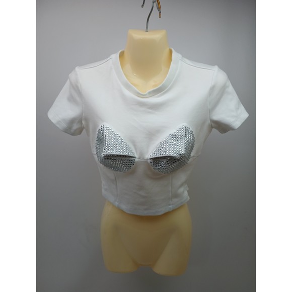 Area NYC Women's White Crystal Pyramid Cup Short Sleeve T-Shirt Size XS - Picture 3 of 10